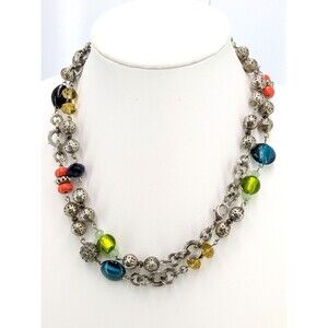 CAbi Necklace Mix Mingle Glass Bead Silver Tone Chain Boho Colorful Long 39 in